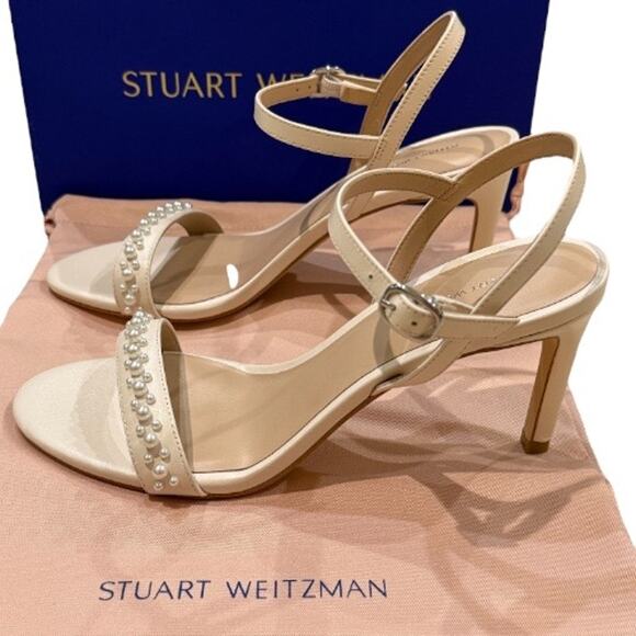 NEW Stuart Weitzman 9 Dancer 75 Demipearl Heel Sandal Calf Leather White Wedding - Picture 6 of 13
